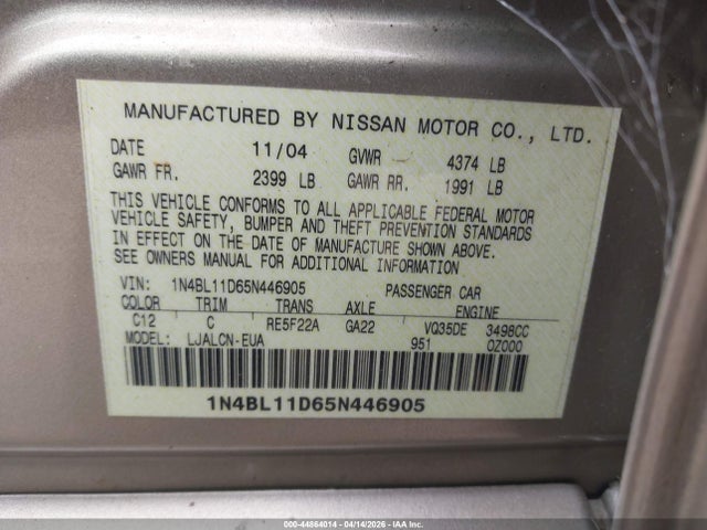 44864014 :رقم المزاد ، 1N4BL11D65N446905 vin ، 2005 Nissan Altima 3.5 Se مزاد بيع