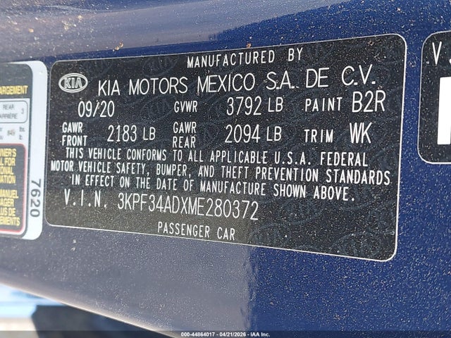 Aukcja sprzedaży 2021 Kia Forte Gt-line, vin: 3KPF34ADXME280372, numer aukcji: 44864017