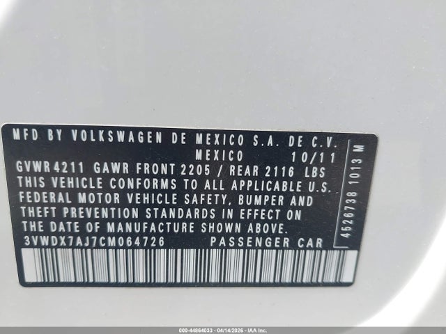 Продажа на аукционе авто 2012 Volkswagen Jetta 2.5l Se, vin: 3VWDX7AJ7CM064726, номер лота: 44864033