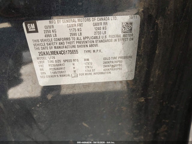 44864036 :رقم المزاد ، 2GKALMEK4C6175655 vin ، 2012 Gmc Terrain Sle-1 مزاد بيع
