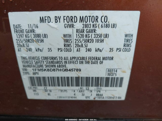 2017 Ford Explorer Xlt მანქანა იყიდება აუქციონზე, vin: 1FM5K8D87HGB45789, აუქციონის ნომერი: 44864042