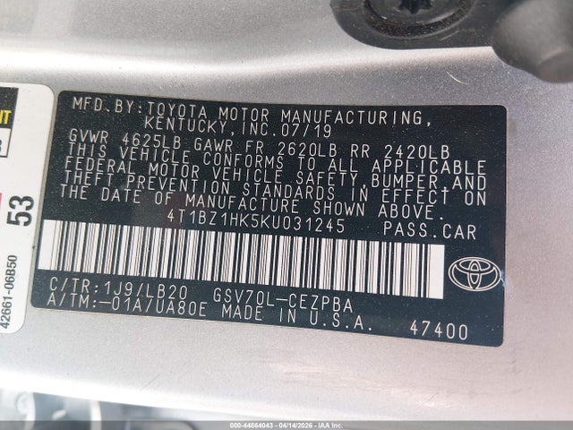 2019 Toyota Camry Xse V6 მანქანა იყიდება აუქციონზე, vin: 4T1BZ1HK5KU031245, აუქციონის ნომერი: 44864043