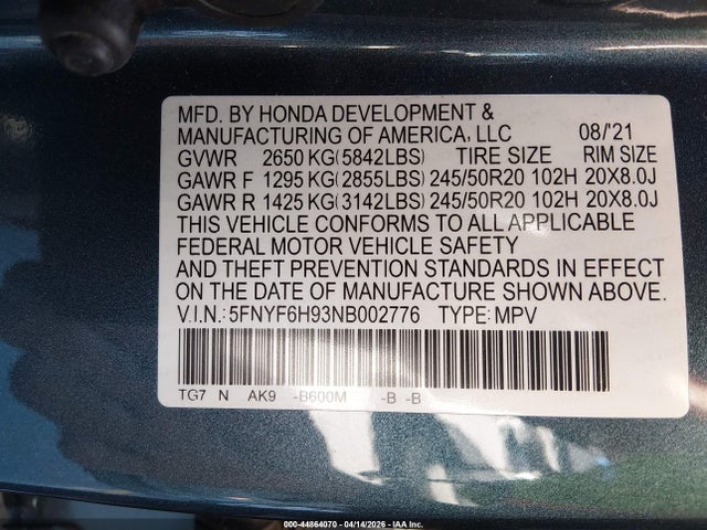 Продажа на аукционе авто 2022 Honda Pilot Awd Touring 8 Passenger, vin: 5FNYF6H93NB002776, номер лота: 44864070
