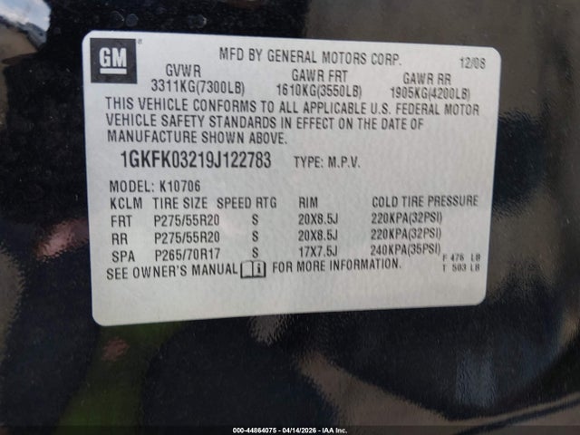 44864075 :رقم المزاد ، 1GKFK03219J122783 vin ، 2009 Gmc Yukon Denali مزاد بيع