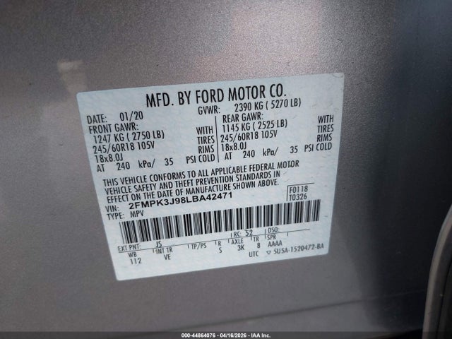 Aukcja sprzedaży 2020 Ford Edge Sel, vin: 2FMPK3J98LBA42471, numer aukcji: 44864076