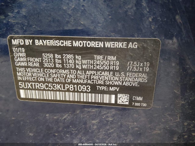Aukcja sprzedaży 2019 Bmw X3 Xdrive30i, vin: 5UXTR9C53KLP81093, numer aukcji: 44864080