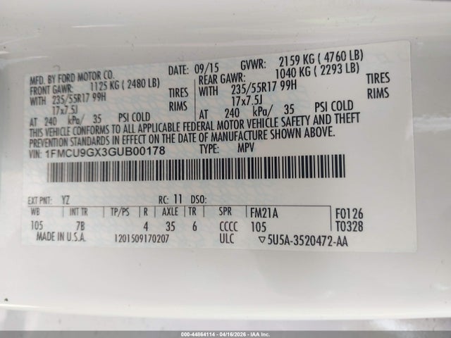 1FMCU9GX3GUB00178 Ford ESCAPE SE