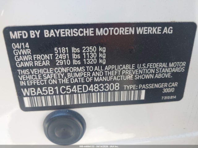 Продажа на аукционе авто 2014 Bmw 535i, vin: WBA5B1C54ED483308, номер лота: 44864133