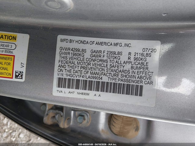 Aukcja sprzedaży 2020 Honda Accord Ex, vin: 1HGCV1F41LA099054, numer aukcji: 44864149