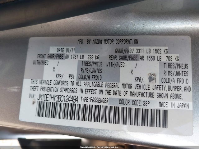 44864156 :رقم المزاد ، JM1DE1HY3B0124494 vin ، 2011 Mazda Mazda2 Sport مزاد بيع