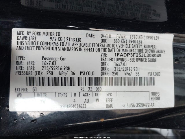 Aukcja sprzedaży 2018 Ford Focus Se, vin: 1FADP3F25JL308049, numer aukcji: 44864182