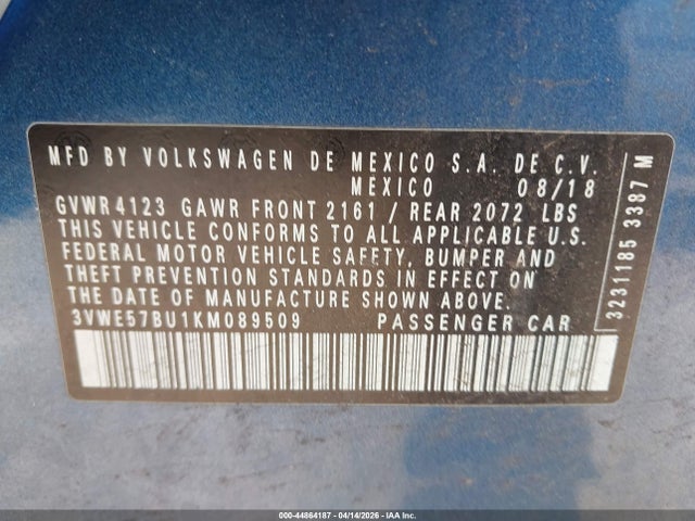 2019 Volkswagen Jetta 1.4t Sel მანქანა იყიდება აუქციონზე, vin: 3VWE57BU1KM089509, აუქციონის ნომერი: 44864187