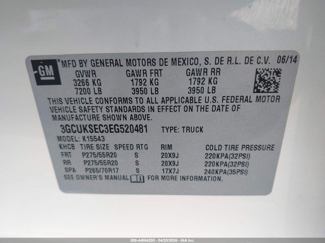44864200 :رقم المزاد ، 3GCUKSEC3EG520481 vin ، 2014 Chevrolet Silverado 1500 2lz مزاد بيع