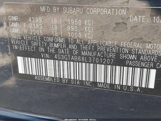 2020 Subaru Impreza 5-door მანქანა იყიდება აუქციონზე, vin: 4S3GTAB68L3701207, აუქციონის ნომერი: 44864204