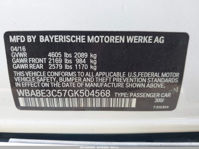 Aukcja sprzedaży 2016 Bmw 328i Xdrive, vin: WBA8E3C57GK504568, numer aukcji: 44864208