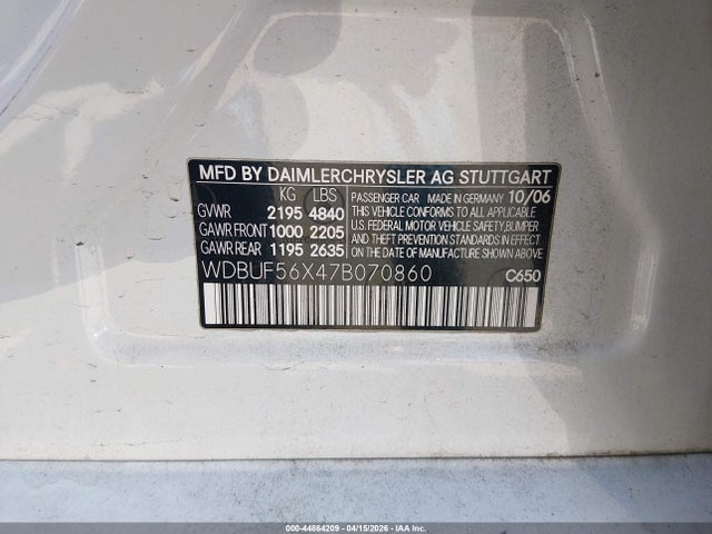 2007 Mercedes-benz E 350 მანქანა იყიდება აუქციონზე, vin: WDBUF56X47B070860, აუქციონის ნომერი: 44864209