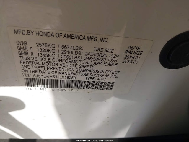 44864213 :رقم المزاد ، 5J8YD4H51JL018250 vin ، 2018 Acura Mdx Technology Package   Acurawatch Plus Pkg مزاد بيع