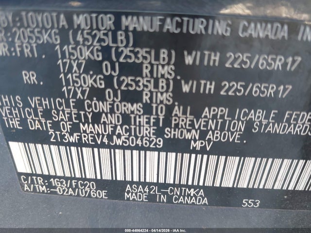 2T3WFREV4JW504629 Toyota Rav4 Xle
