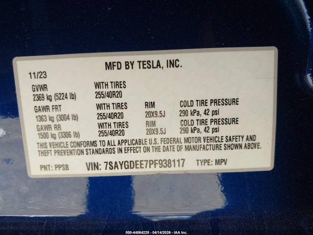 Продаж на аукціоні авто 2023 Tesla Model Y Awd/long Range Dual Motor All-wheel Drive, vin: 7SAYGDEE7PF938117, номер лоту: 44864228