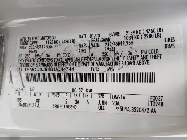 2013 Ford Escape Titanium მანქანა იყიდება აუქციონზე, vin: 1FMCU0J94DUC44744, აუქციონის ნომერი: 44864234