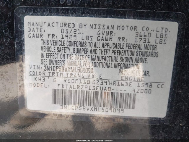 44864252 :رقم المزاد ، 3N1CP5BVXML509099 vin ، 2021 Nissan Kicks S Xtronic Cvt مزاد بيع