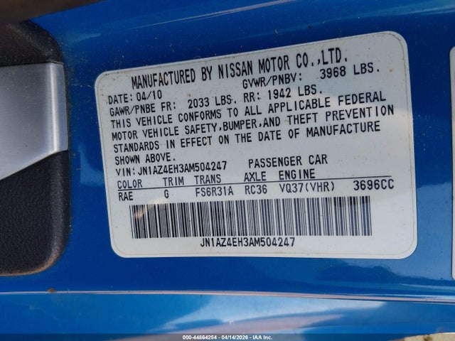 Aukcja sprzedaży 2010 Nissan 370z, vin: JN1AZ4EH3AM504247, numer aukcji: 44864254