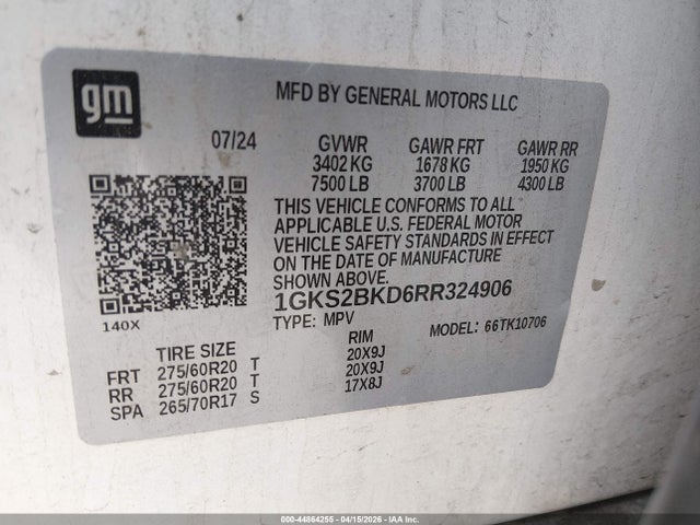 Aukcja sprzedaży 2024 Gmc Yukon 4wd Slt, vin: 1GKS2BKD6RR324906, numer aukcji: 44864255