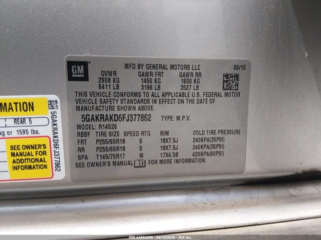 44864266 :رقم المزاد ، 5GAKRAKD6FJ377862 vin ، 2015 Buick Enclave Convenience مزاد بيع