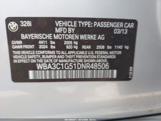 Aukcja sprzedaży 2013 Bmw 328i, vin: WBA3C1G51DNR48506, numer aukcji: 44864271