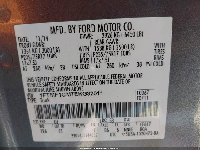 Продажа на аукционе авто 2014 Ford F-150 Xl, vin: 1FTMF1CM7EKG32011, номер лота: 44864277