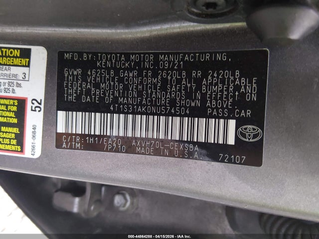 44864288 :رقم المزاد ، 4T1S31AK0NU574504 vin ، 2022 Toyota Camry Se Hybrid مزاد بيع