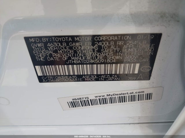 44864289 :رقم المزاد ، JTHBA1D24K5091804 vin ، 2019 Lexus Is 300 مزاد بيع