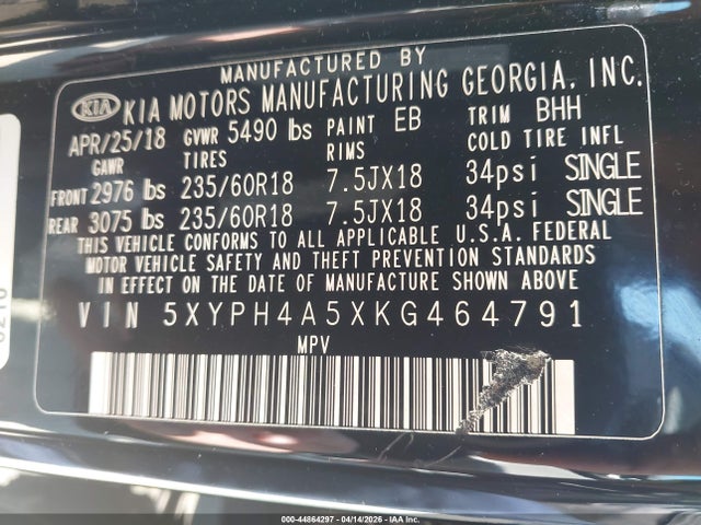 Продаж на аукціоні авто 2019 Kia Sorento 3.3l Ex, vin: 5XYPH4A5XKG464791, номер лоту: 44864297