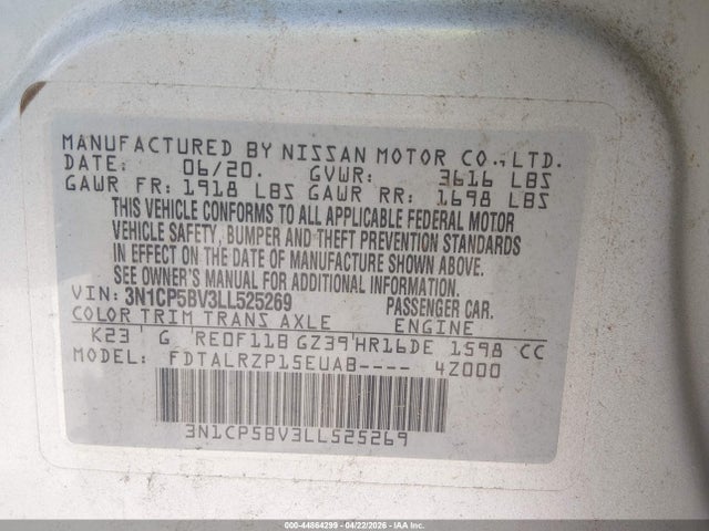 Aukcja sprzedaży 2020 Nissan Kicks S Xtronic Cvt, vin: 3N1CP5BV3LL525269, numer aukcji: 44864299