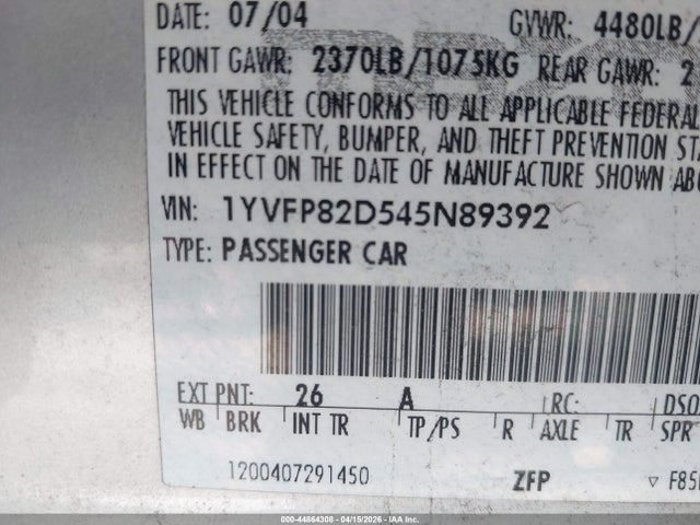 Продаж на аукціоні авто 2004 Mazda Mazda6 S, vin: 1YVFP82D545N89392, номер лоту: 44864308
