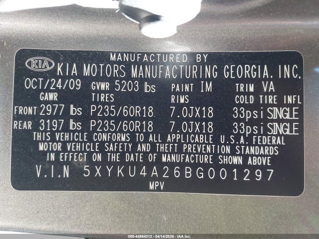 Продаж на аукціоні авто 2011 Kia Sorento Ex V6, vin: 5XYKU4A26BG001297, номер лоту: 44864312