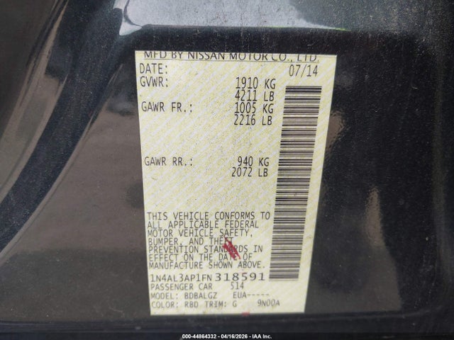 44864332 :رقم المزاد ، 1N4AL3AP1FN318591 vin ، 2015 Nissan Altima 2.5/2.5 S/2.5 Sl/2.5 Sv مزاد بيع
