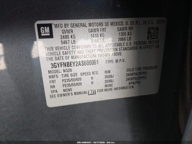 44864341 :رقم المزاد ، 3GYFNBEY2AS600061 vin ، 2010 Cadillac Srx Performance Collection مزاد بيع