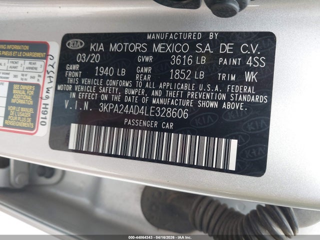 Aukcja sprzedaży 2020 Kia Rio Lx, vin: 3KPA24AD4LE328606, numer aukcji: 44864343