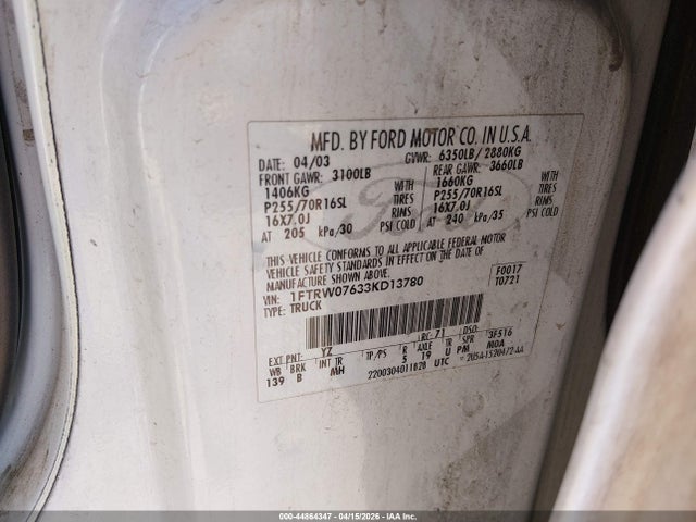 Auction sale of the 2003 Ford F-150 Lariat/xlt, vin: 1FTRW07633KD13780, lot number: 44864347