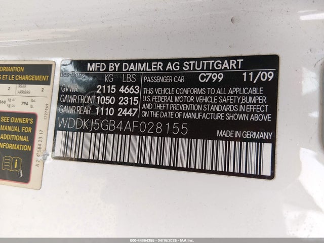 44864355 :رقم المزاد ، WDDKJ5GB4AF028155 vin ، 2010 Mercedes-benz E 350 مزاد بيع