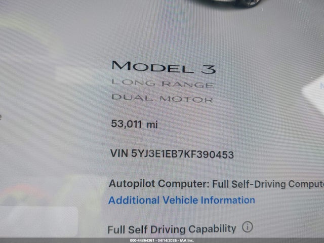 Продажа на аукционе авто 2019 Tesla Model 3 Long Range/performance, vin: 5YJ3E1EB7KF390453, номер лота: 44864361