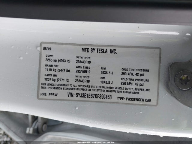 Продажа на аукционе авто 2019 Tesla Model 3 Long Range/performance, vin: 5YJ3E1EB7KF390453, номер лота: 44864361