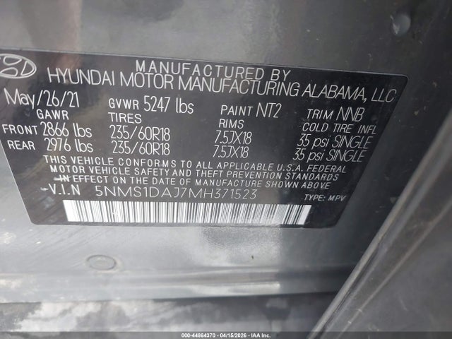 44864370 :رقم المزاد ، 5NMS1DAJ7MH371523 vin ، 2021 Hyundai Santa Fe Se مزاد بيع