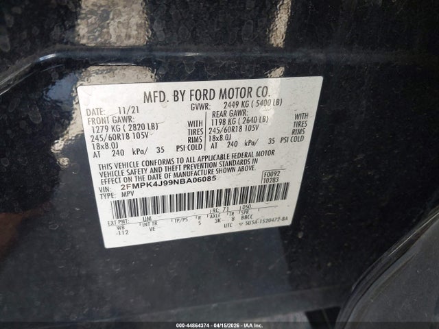 Aukcja sprzedaży 2022 Ford Edge Sel, vin: 2FMPK4J99NBA06085, numer aukcji: 44864374