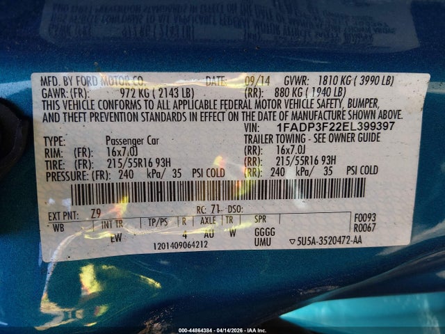 Ford FOCUS SE 2014 1FADP3F22EL399397 Image 9