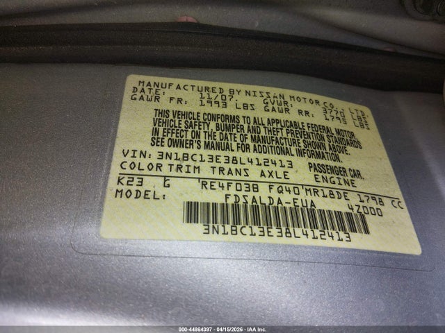 Продаж на аукціоні авто 2008 Nissan Versa 1.8s, vin: 3N1BC13E38L412413, номер лоту: 44864397