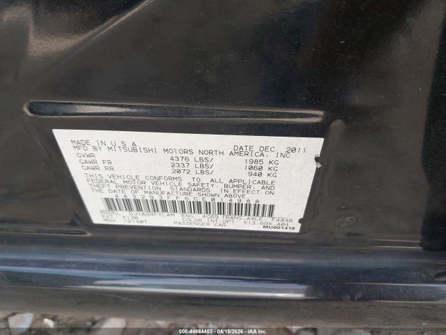 Продаж на аукціоні авто 2012 Mitsubishi Galant Es/se, vin: 4A32B3FF6CE014988, номер лоту: 44864403