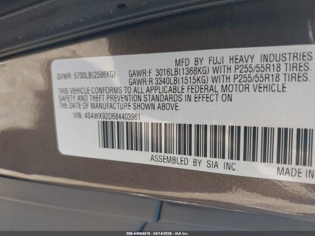 44864418 :رقم المزاد ، 4S4WX92D684403961 vin ، 2008 Subaru Tribeca Limited 5-passenger مزاد بيع