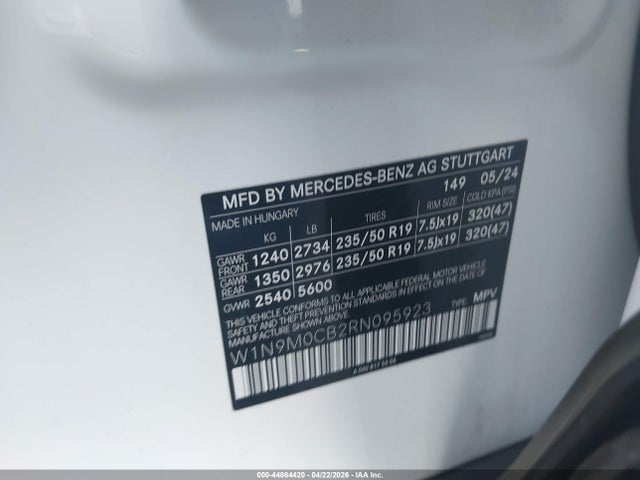 Aukcja sprzedaży 2024 Mercedes-benz Eqb 250 Suv, vin: W1N9M0CB2RN095923, numer aukcji: 44864420